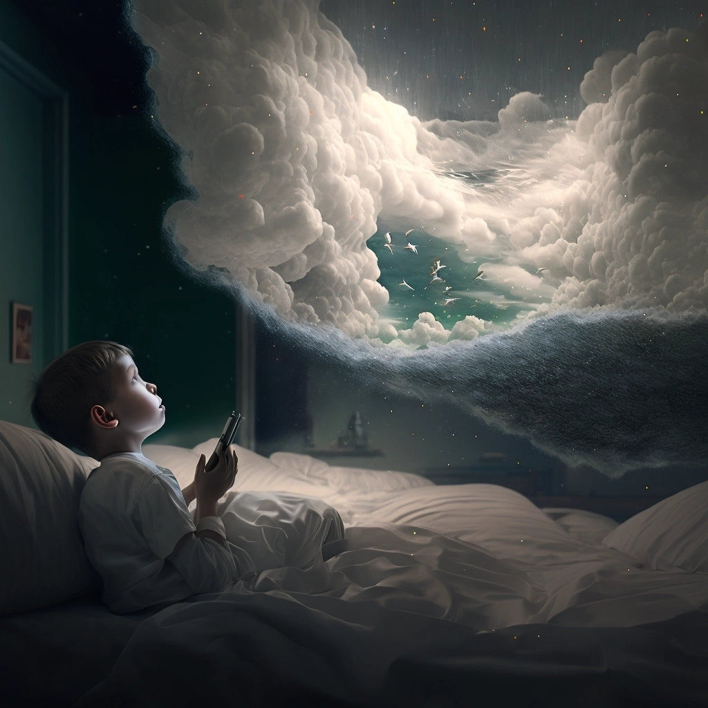 Dečak koji je u krevetu, a iznad njega se nalazi oblak koji predstavlja snove
